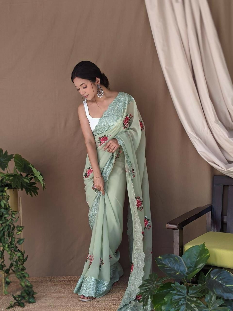 Vamsee Fana Green Georgette Silk Saree | Grocsy