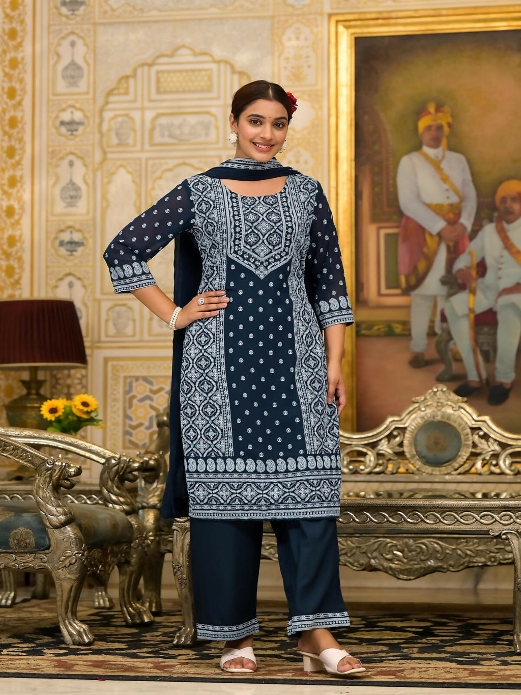 Juniper Women's Navy Ethnic Motif Printed Georgette Kurta Pant And Dupatta Set With Sequins & Beads | Grocsy