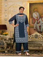 Juniper Women's Navy Ethnic Motif Printed Georgette Kurta Pant And Dupatta Set With Sequins & Beads | Grocsy