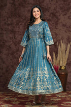 Juniper Women Teal Shantoon Printed Anarkali Dress | Grocsy