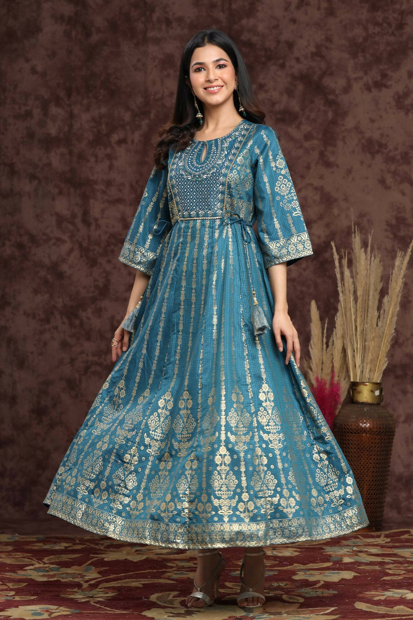 Juniper Women Teal Shantoon Printed Anarkali Dress | Grocsy