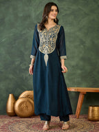 The52 Women's Beautiful Embroidery Work Vichitra Silk Fabric Flared Kurta Pant and Dupatta Set-Petrol | Grocsy