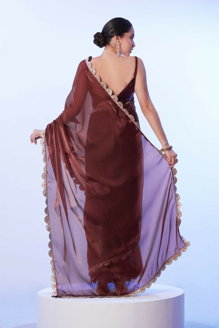 Coffee Brown Satin Solid Designer & Lace Work Saree - Samaa | Grocsy