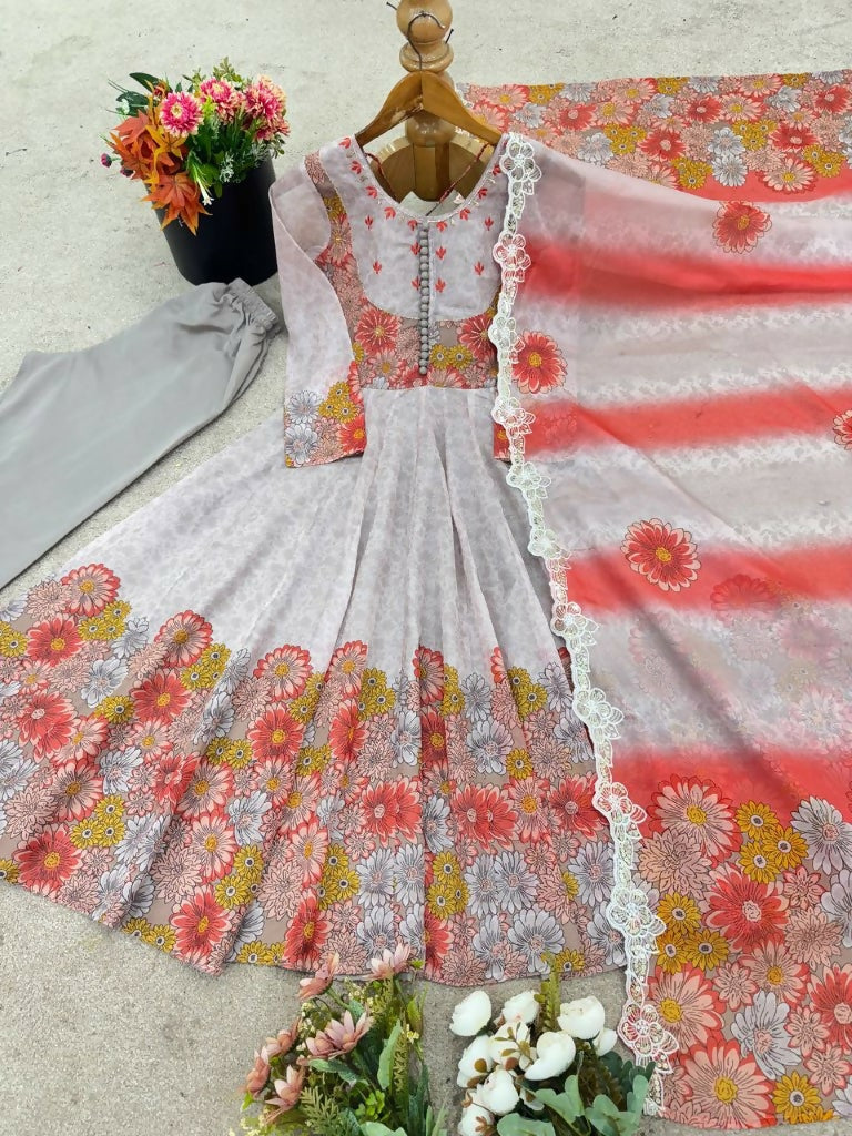 Teeya Creation Multi Color Organza Silk With Digital print With Embroidery Gown | Grocsy