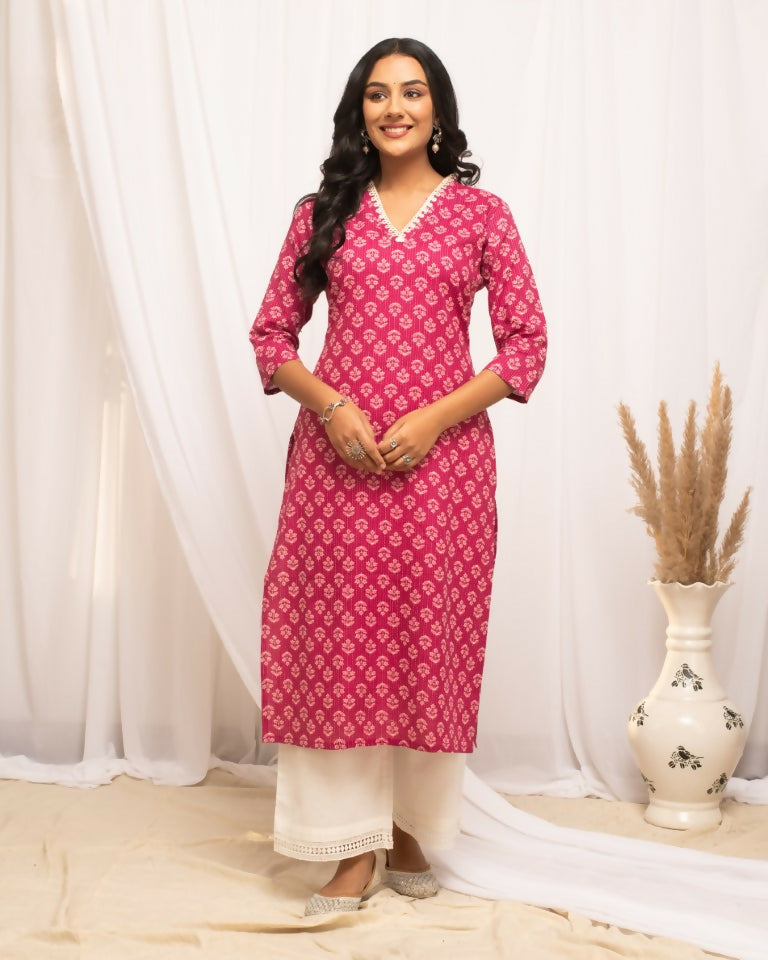 FIORRA Women's Floral Printed Pink Cotton Straight Kurta | Grocsy