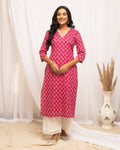 FIORRA Women's Floral Printed Pink Cotton Straight Kurta | Grocsy