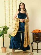 Myshka Women's Teal Velvet Kurti & Sharara With Dupatta Party Sets | Grocsy