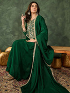 The52 Women's Beautiful Embroidery Work Vichitra Silk Fabric Flared Kurta Pant and Dupatta Set | Grocsy
