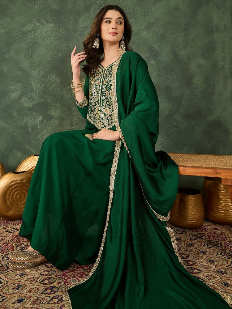 The52 Women's Beautiful Embroidery Work Vichitra Silk Fabric Flared Kurta Pant and Dupatta Set | Grocsy