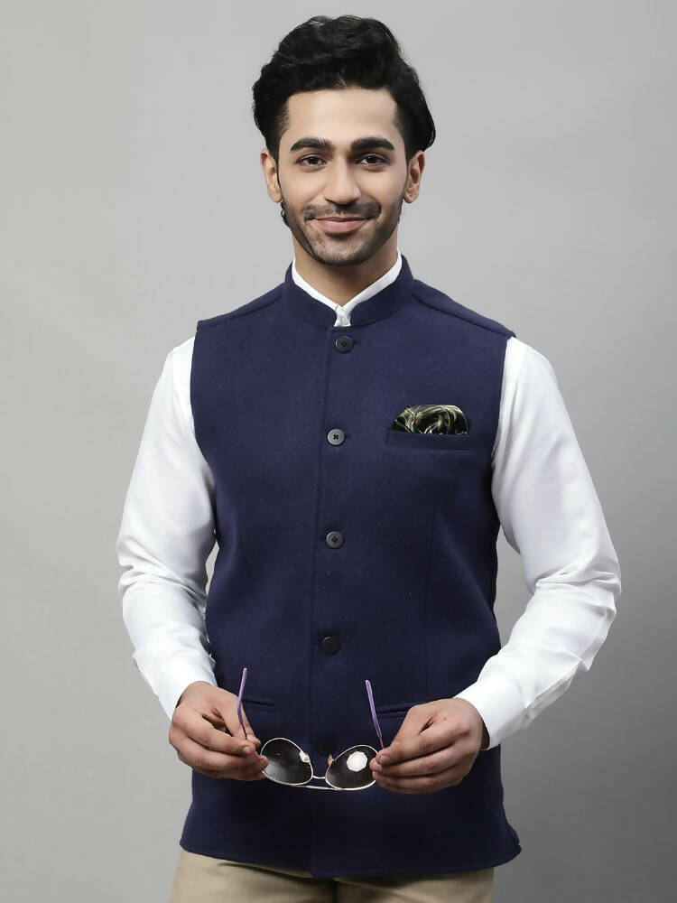 Even Apparels Pure Wool Nehru Jacket - Navy | Grocsy