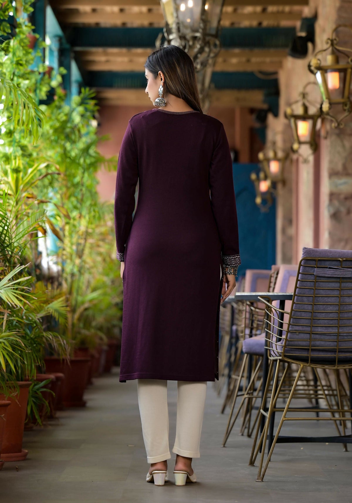 Juniper Women's Mauve Ethnic Motif Printed Polycotton Straight Round Neck Women Kurta | Grocsy