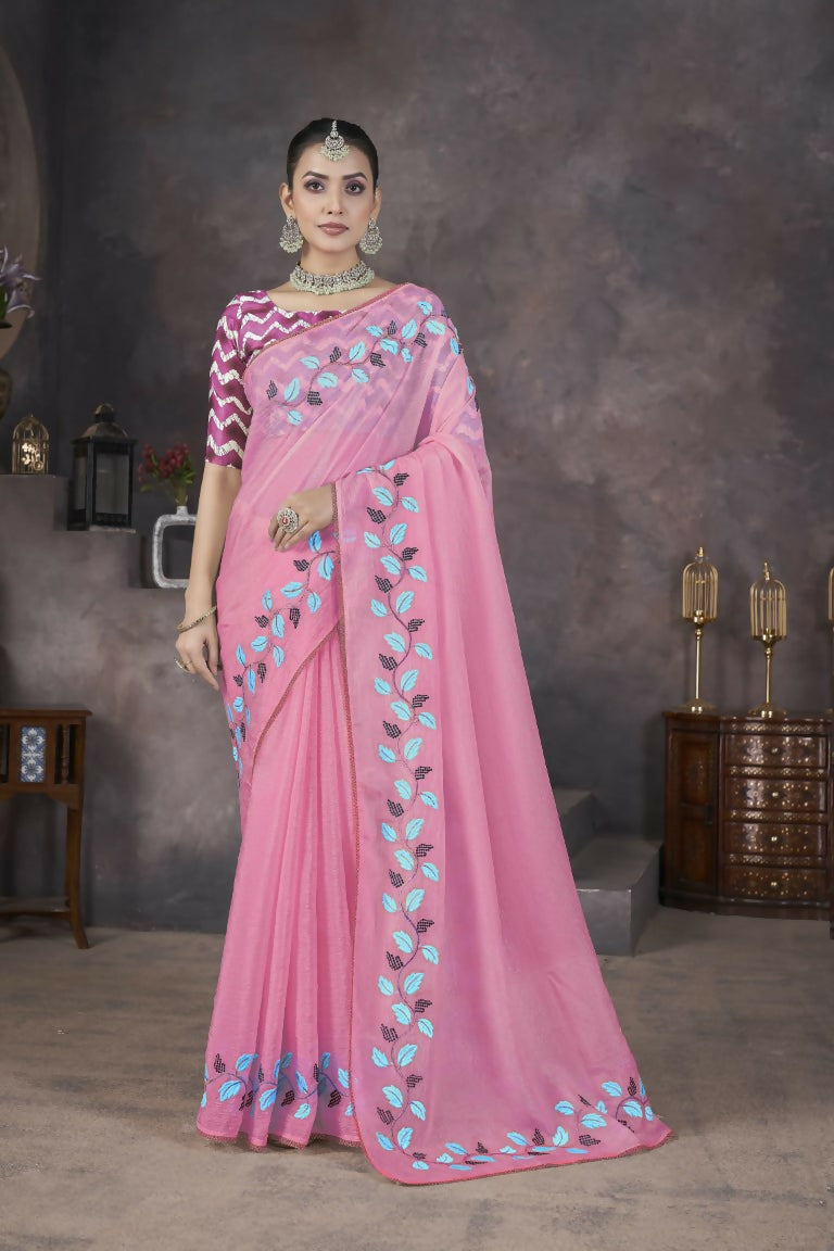 Vastranavya Pink Soft Crush Georgette Thread Embroidery work of Leaf Pattern with Patched Lace Border Saree | Grocsy