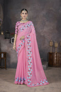 Vastranavya Pink Soft Crush Georgette Thread Embroidery work of Leaf Pattern with Patched Lace Border Saree | Grocsy