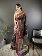 Joban Fashion Brown Woven Zari Motifs Lichi Silk Banarasi Silk Saree | Grocsy