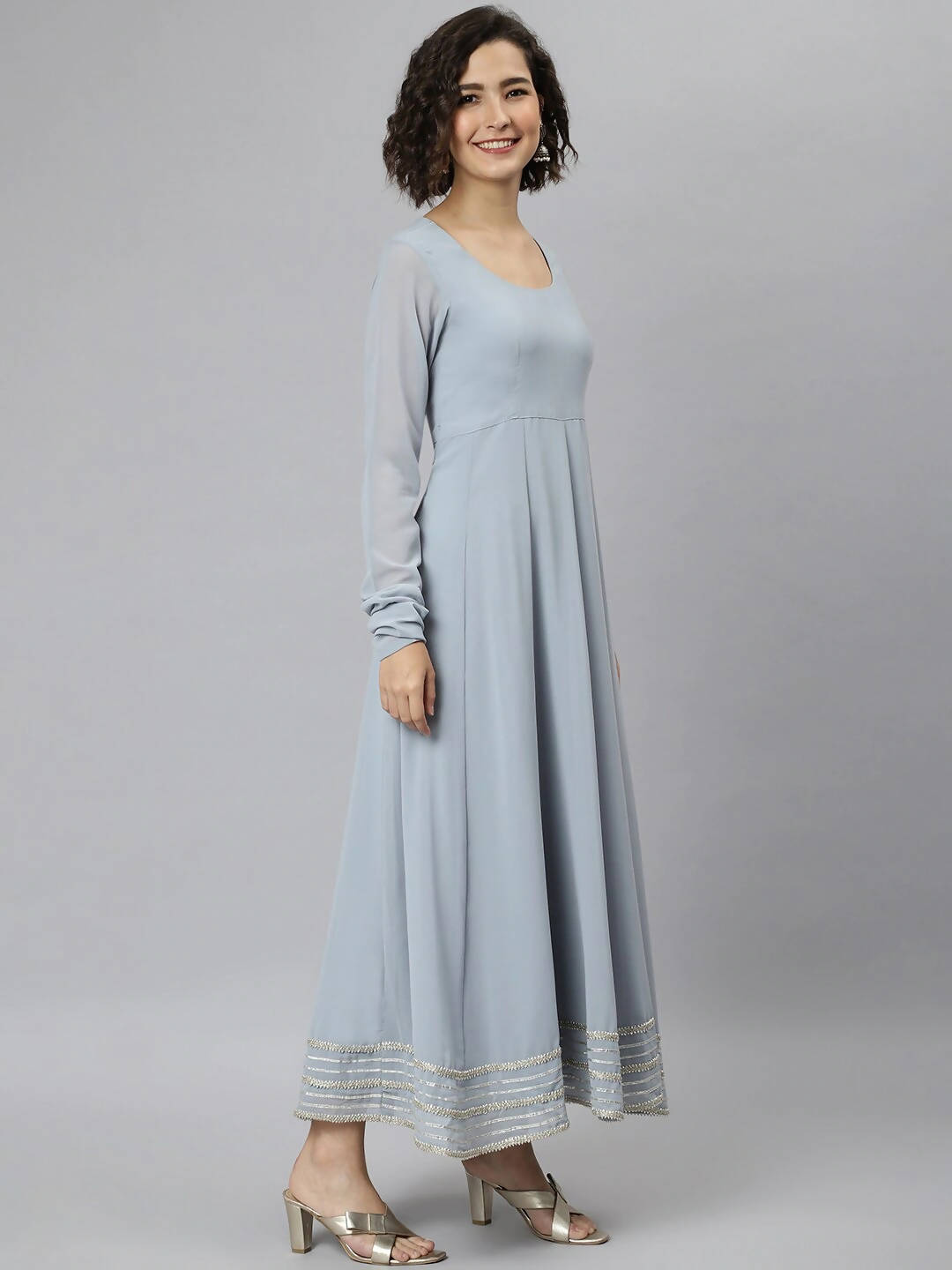 Janasya Women Grey Flared Sleeves Gotta Patti Georgette Anarkali Kurta | Grocsy