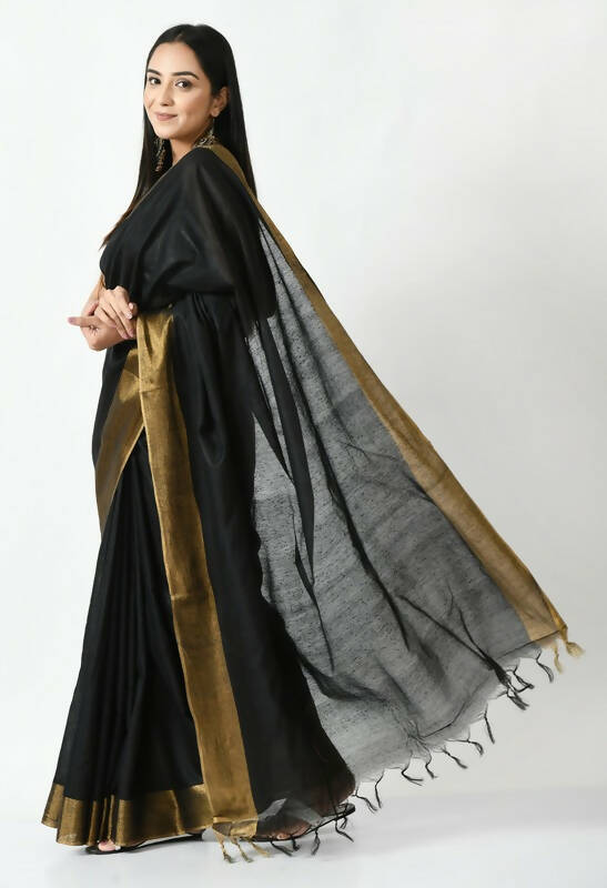 Mominos Fashion Moeza Black Bhagalpuri Handloom Silk Jay Shree Saree with unstitched Blouse piece | Grocsy