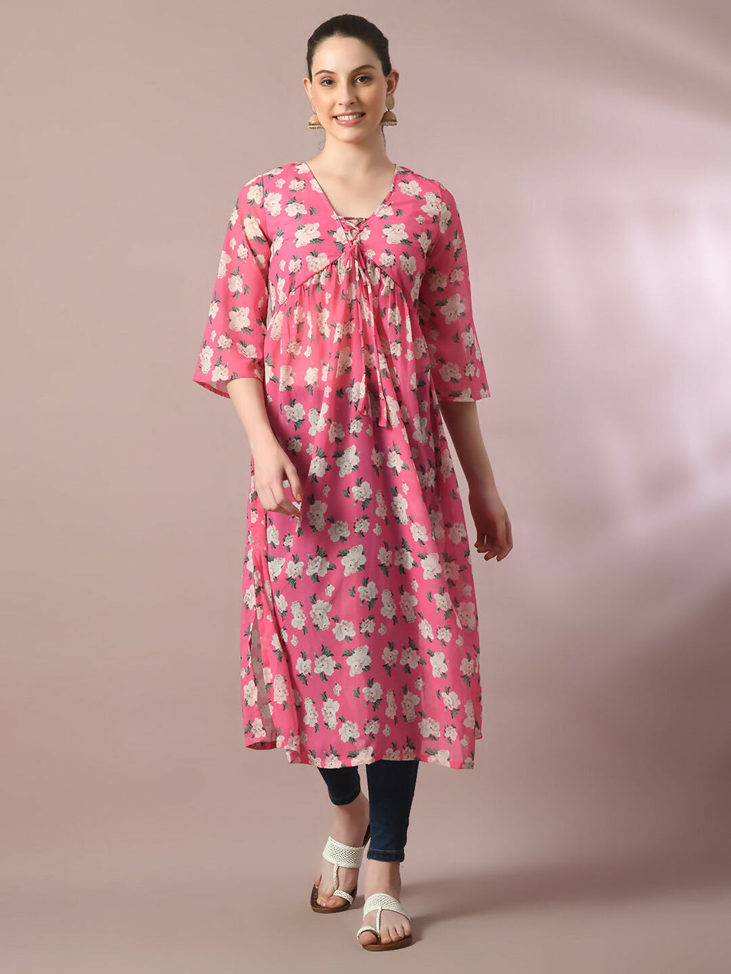Myshka Women's Pink Printed Georgette A-Line Nyra-cut Kurta | Grocsy