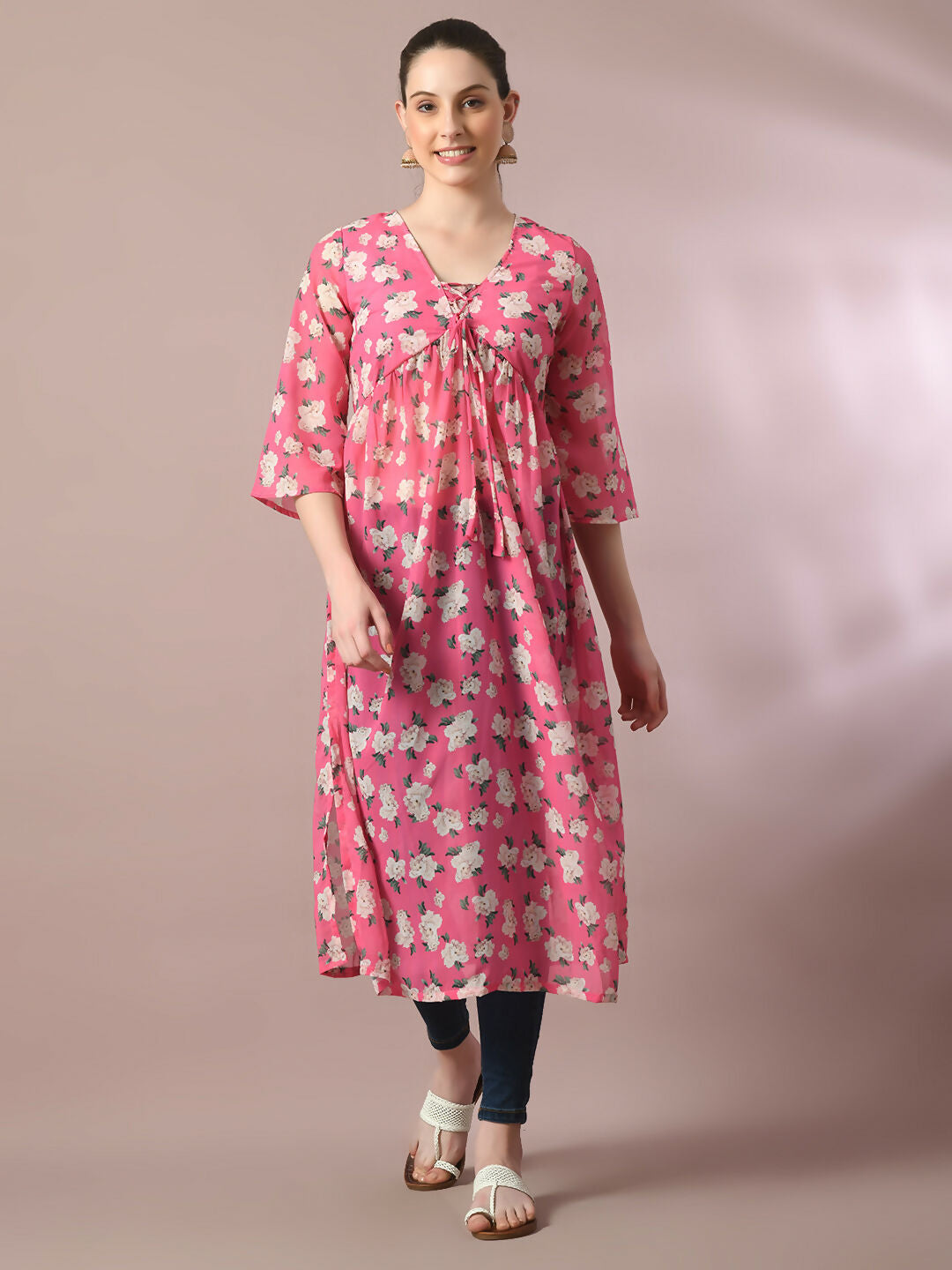 Myshka Women's Pink Printed Georgette A-Line Nyra-cut Kurta | Grocsy