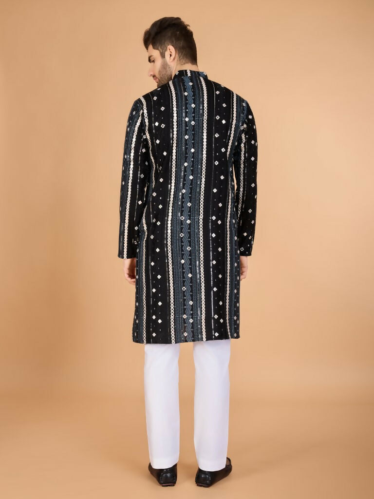 Vastranavya Black Exclusive Festival Wear Pure Viscose Rayon Sequence & Foil Mirror Heavy Embroidered Work Kurta | Grocsy