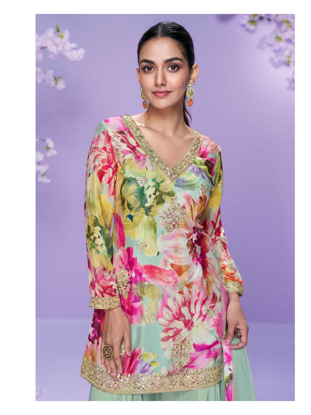 Anaita Sea Green Chinon Readymade Palazzo Suit with Digital Embroidery Work | Grocsy