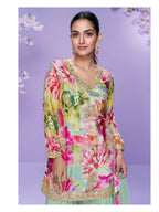 Anaita Sea Green Chinon Readymade Palazzo Suit with Digital Embroidery Work | Grocsy