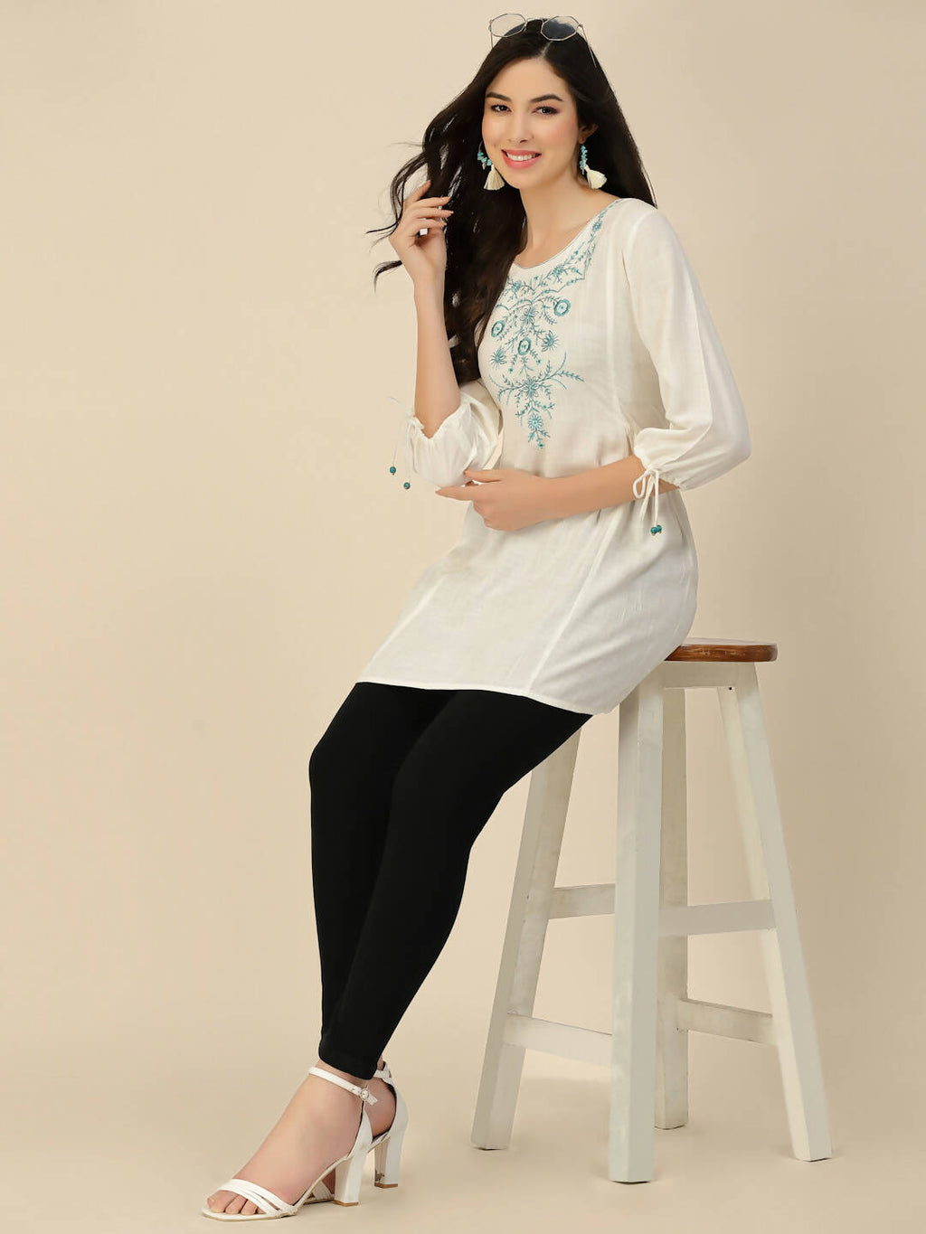 White Poly Rayon Floral Embroidered Top - Zeny | Grocsy