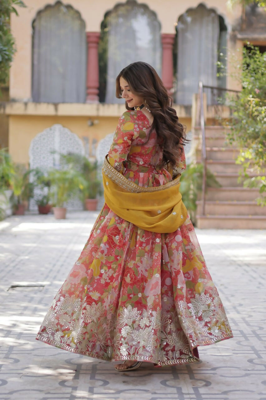 Vastranavya Multicolor Russian Silk Foil Embroidery with Zari Sequins & Digital Printed Gown Dupatta | Grocsy