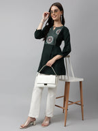 Green Rayon Yoke Embroidered A-line Top - Tarini | Grocsy