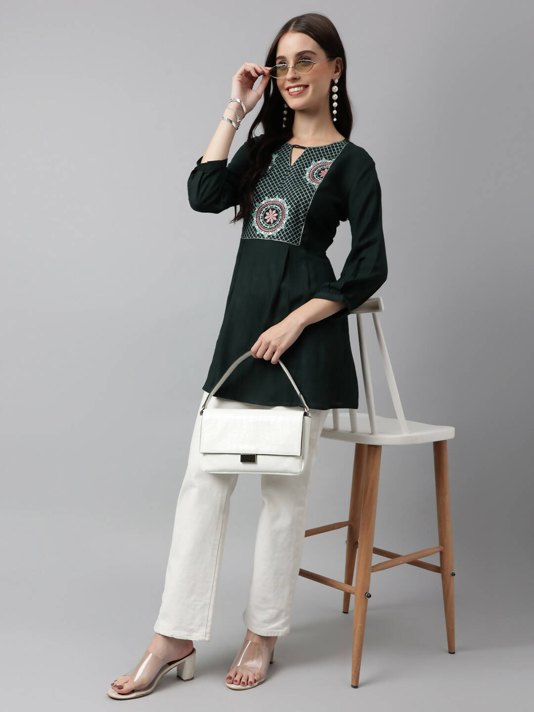 Green Rayon Yoke Embroidered A-line Top - Tarini | Grocsy