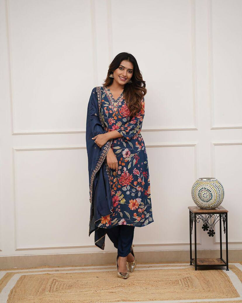 The52 Blue Women's Gorgeous Printed Pure Russian Silk Fabric Straight Kurta Pant with Dupatta Set | Grocsy