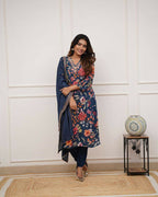 The52 Blue Women's Gorgeous Printed Pure Russian Silk Fabric Straight Kurta Pant with Dupatta Set | Grocsy