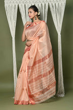 Very Much Indian Handloom Cotton Silk Maheshwari Saree With Sleek Golden Border - Beige | Grocsy