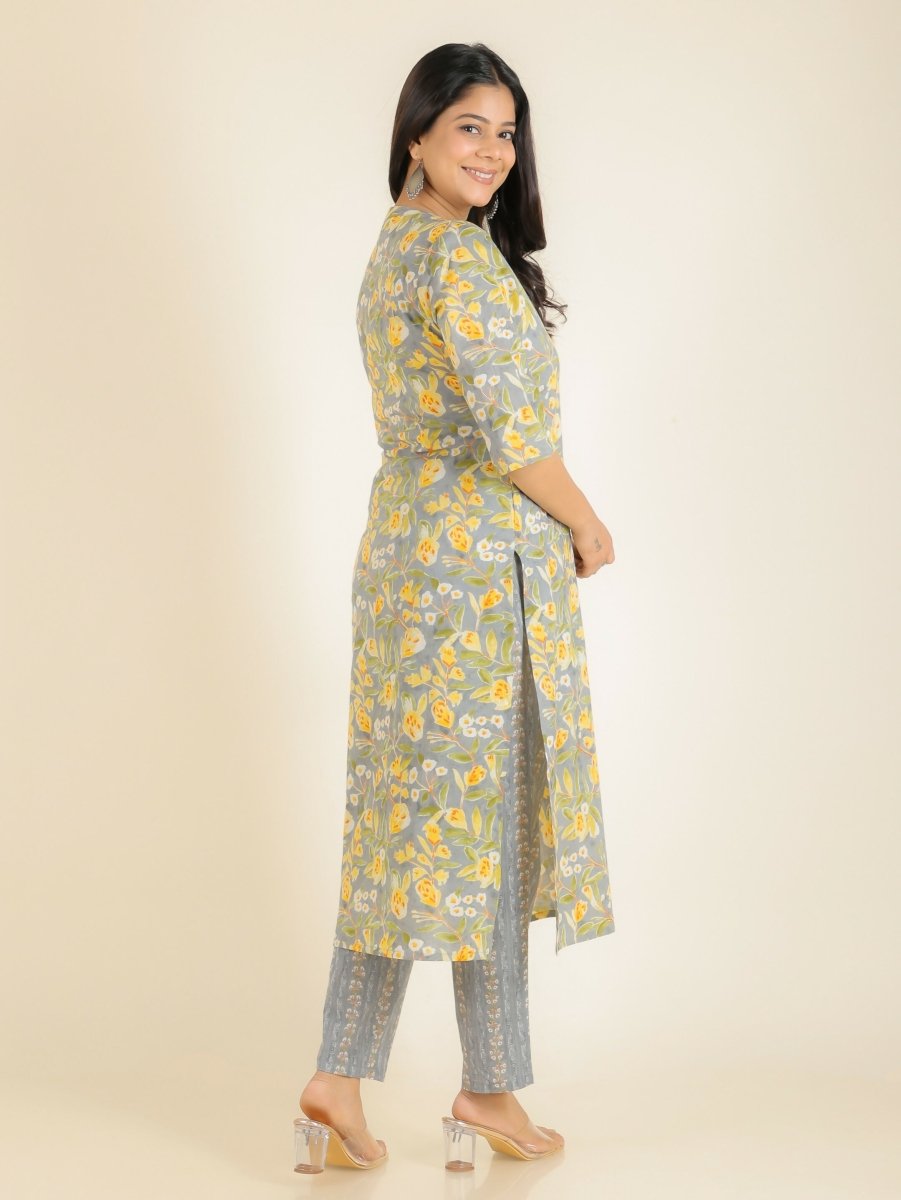 Aramya Straight Soft Cotton Floral Print Women's Kurta Set - Grey | Grocsy