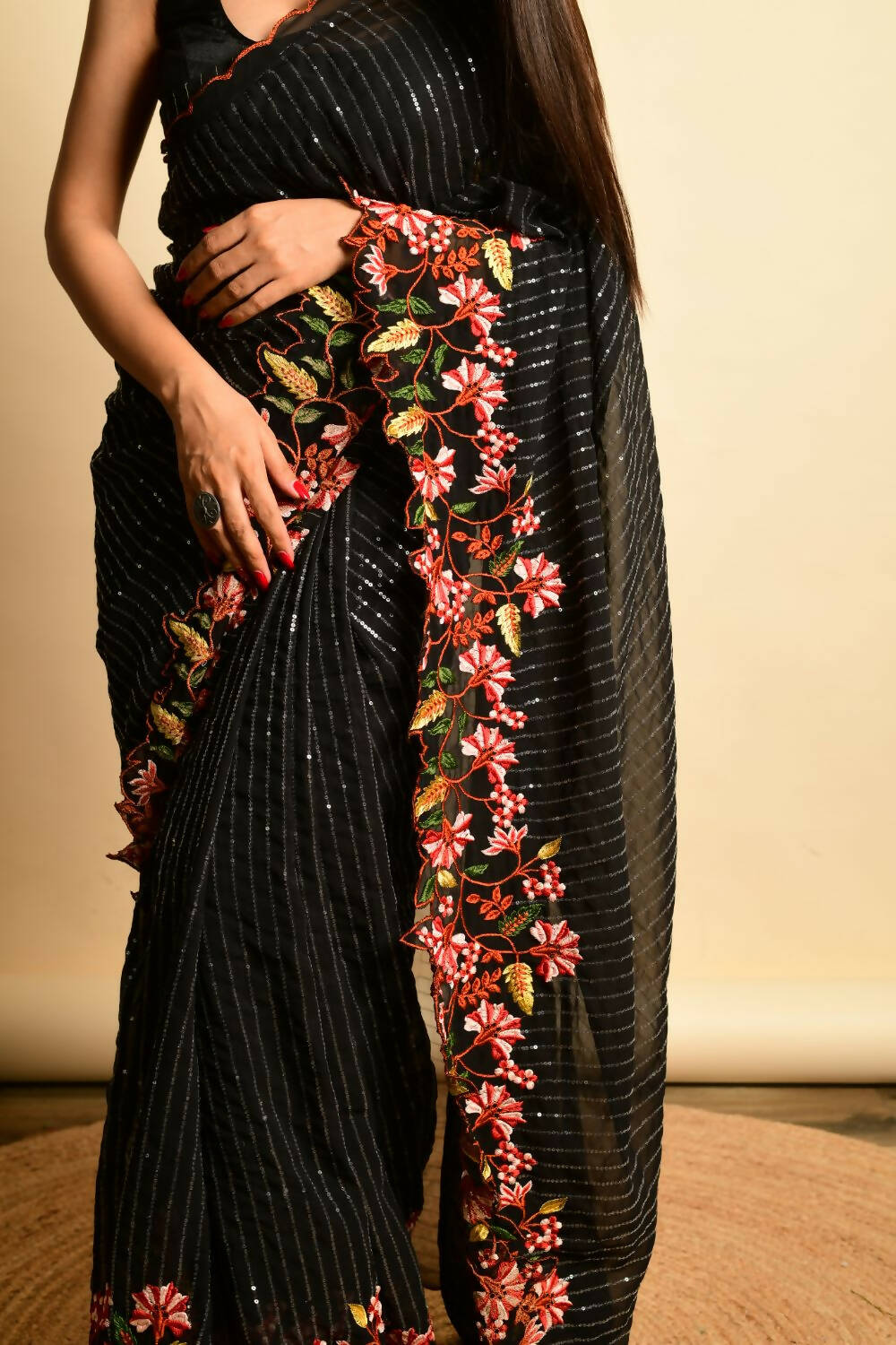 Vamsee Black Georgette Designer Saree | Grocsy