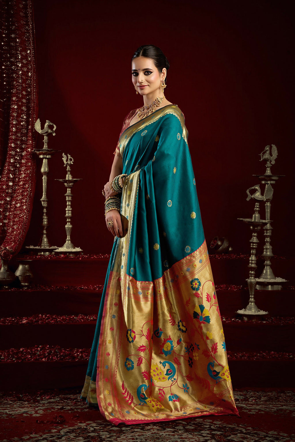 Joban Fashion Teal Paithani Silk Blend Butti Saree | Grocsy