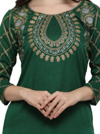 Ahalyaa Women's Green Poly Silk Gold Foil Print Kurta | Grocsy