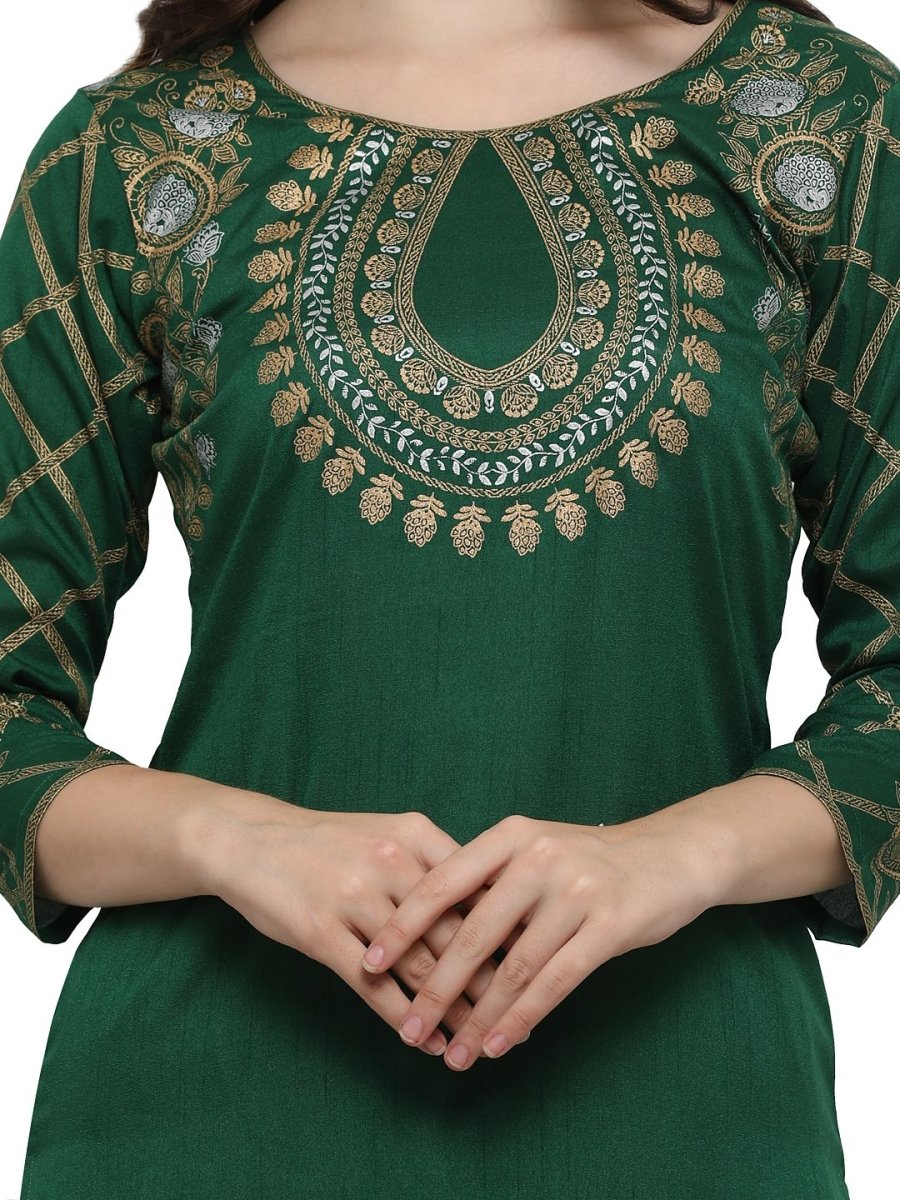 Ahalyaa Women's Green Poly Silk Gold Foil Print Kurta | Grocsy
