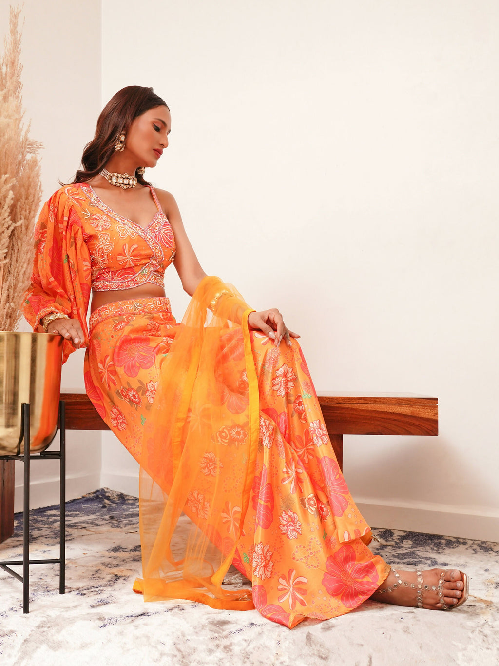 Orange Digital Chinon Handwork Top with Palazzo & Dupatta - Naomika | Grocsy
