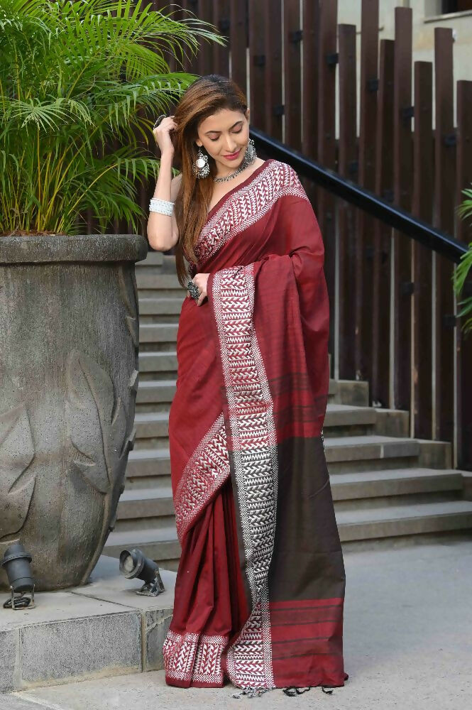 Beatitude Red Cotton Jacqaurd Border Tangail Handloom Saree | Grocsy