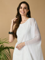 Myshka Women's White Georgette Sleeveless Straight Party Kurta With Dupatta Set | Grocsy