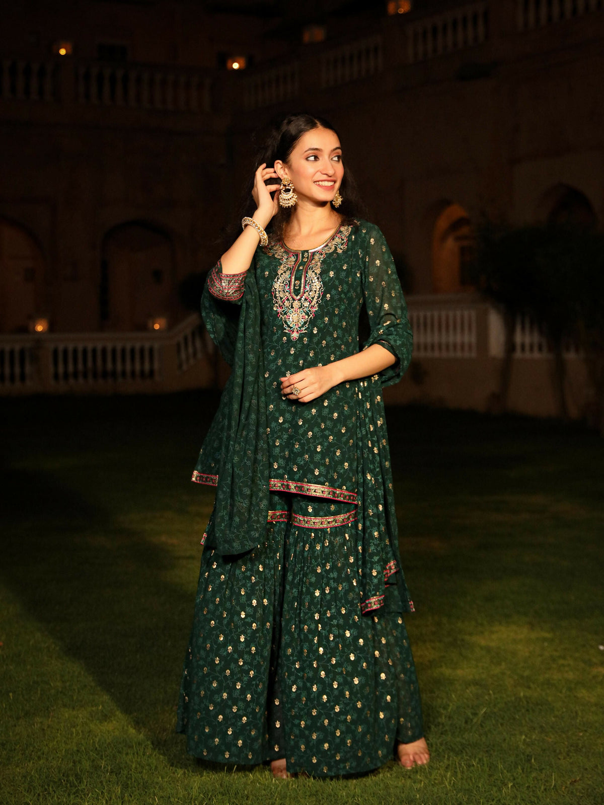 Juniper Women's The Swarn Jade Green Ethnic Motif Printed Georgette Kurta Pant And Dupatta With Sequins & Zari Work | Grocsy
