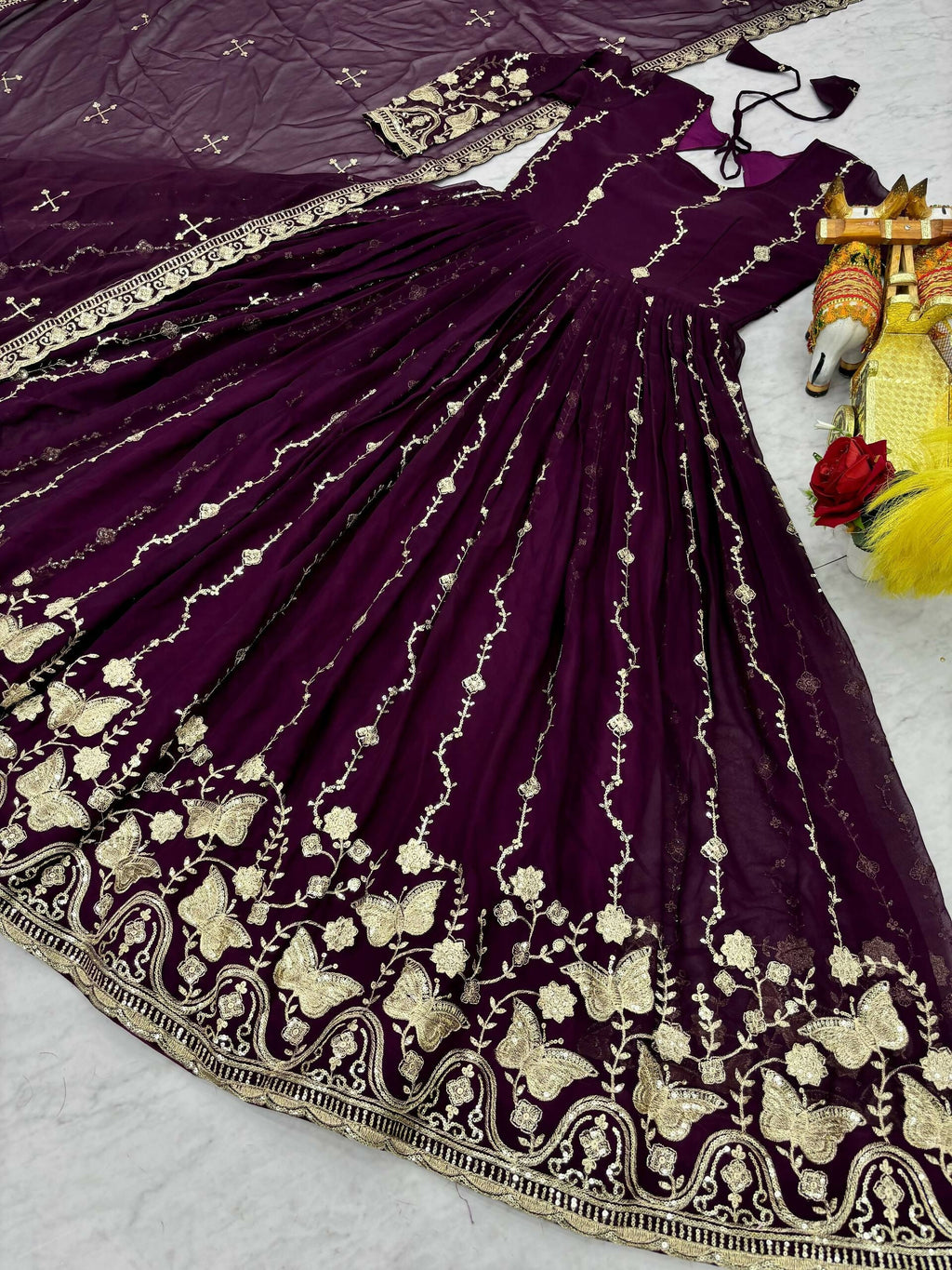 Teeya Creation Womens New Trendy Heavy Cording Sequence & Beads Embroidery Work Purple Gown Set | Grocsy