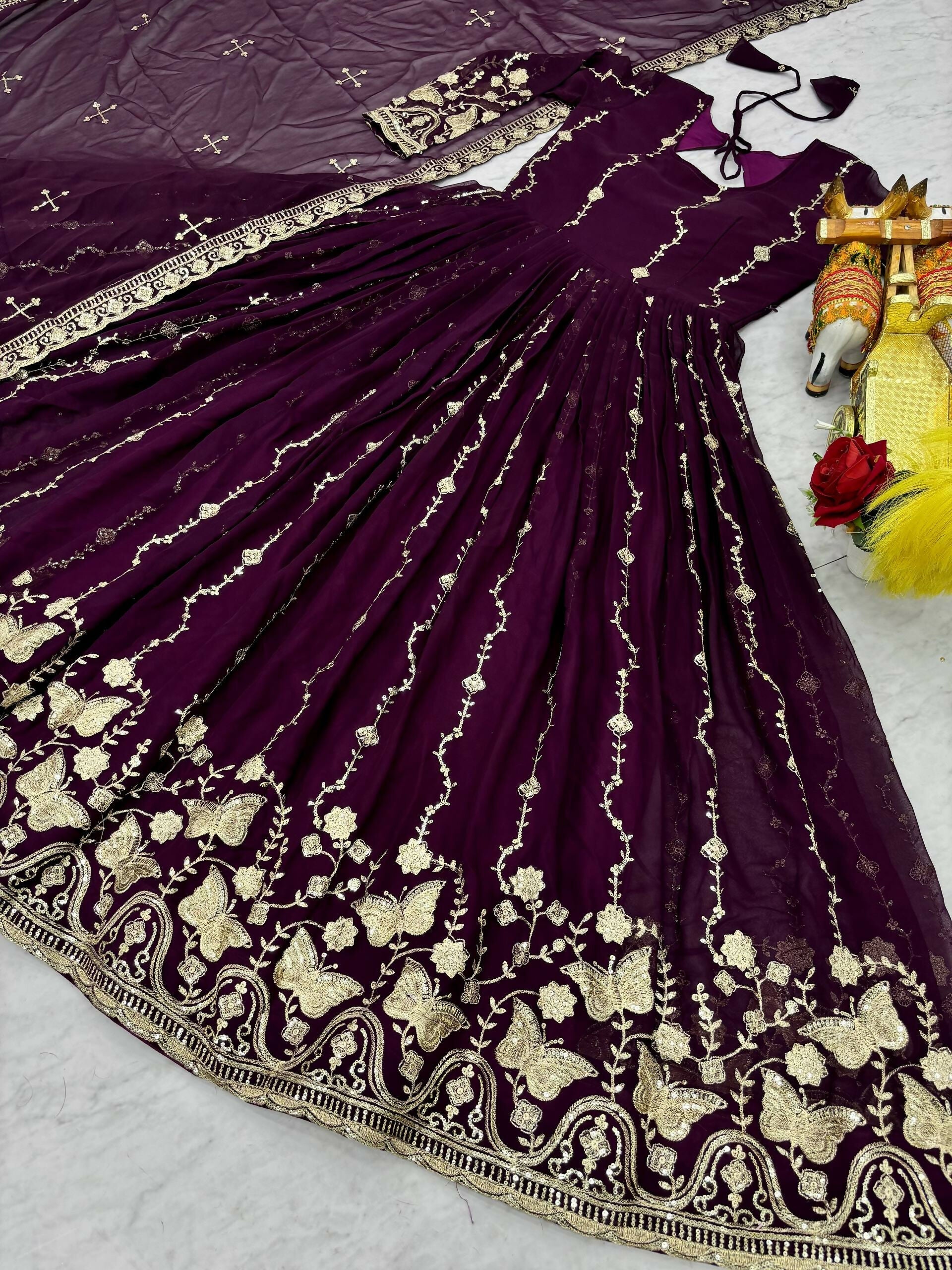 Teeya Creation Womens New Trendy Heavy Cording Sequence & Beads Embroidery Work Purple Gown Set | Grocsy
