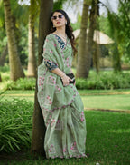 Teeya Creation Pista Color Pure Paper Silk Heavy Embroidery Work Wedding Wear Saree | Grocsy