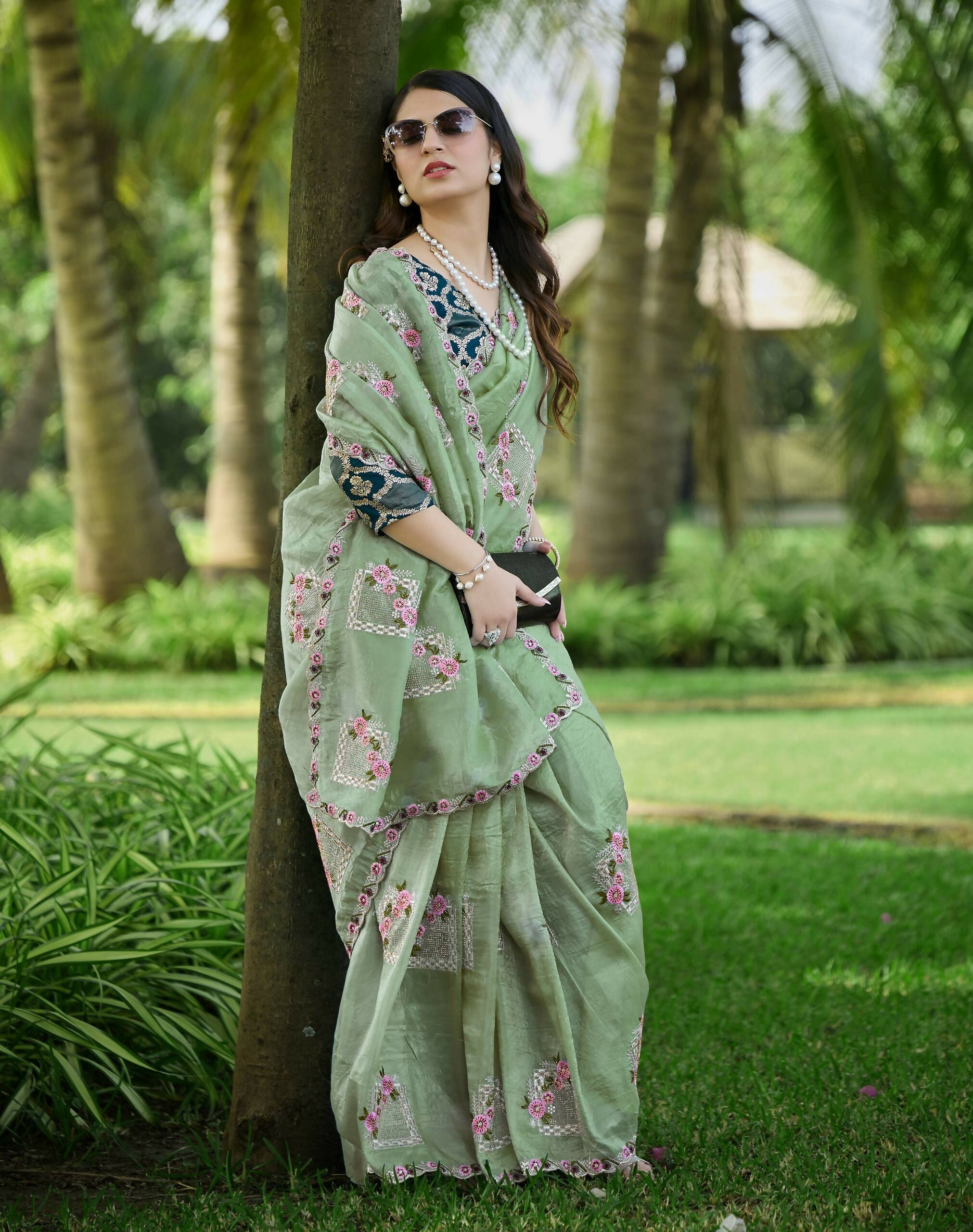 Teeya Creation Pista Color Pure Paper Silk Heavy Embroidery Work Wedding Wear Saree | Grocsy