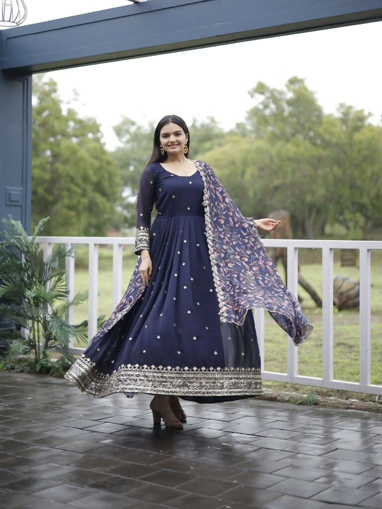 Jyoti Fashion Women's Navy Blue Faux Blooming Sequins with Zari Embroidery Anarkali Dress with Dupatta | Grocsy
