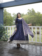 Jyoti Fashion Women's Navy Blue Faux Blooming Sequins with Zari Embroidery Anarkali Dress with Dupatta | Grocsy