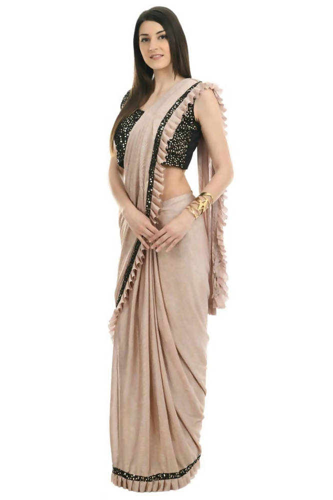 Mominos Fashion All Season Wear Beige And Black Colour Ruffled Ready To Wear Saree | Grocsy