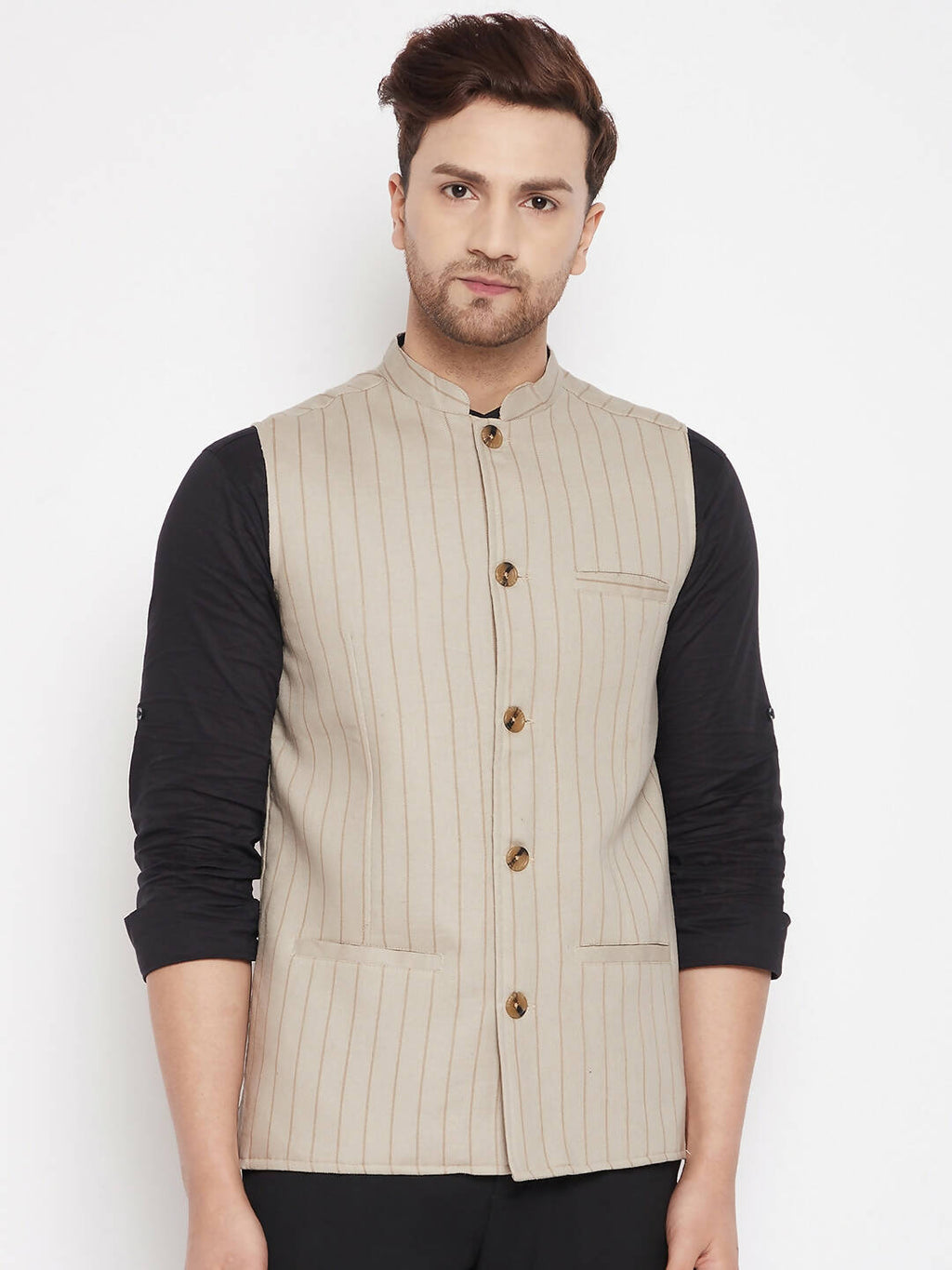 Even Apparels Beige Linen Blend Men Woven Nehru Jacket | Grocsy