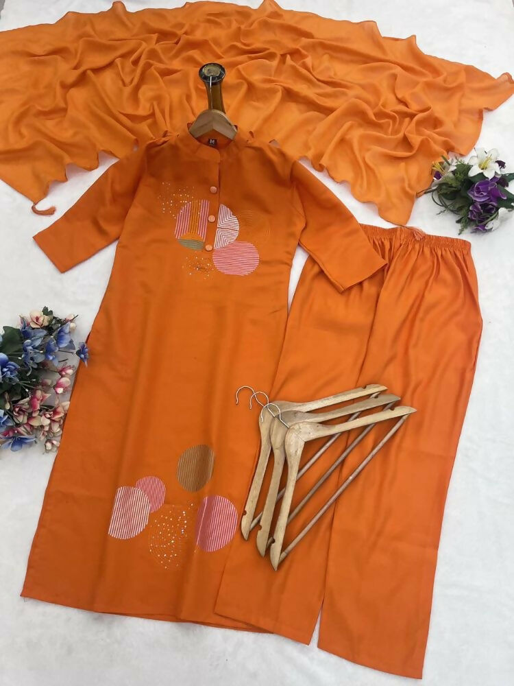 Teeya Creation Women Orange Geometric Embroidered Straight Kurta with Pants and Dupatta Set | Grocsy